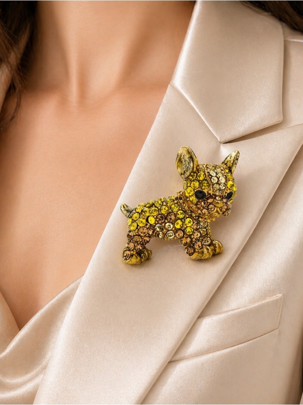 French Bulldog Amber Crystal Brooch